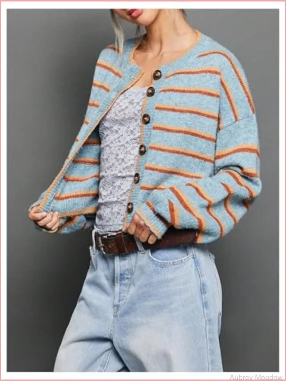 Women's Lightweight Striped Button-Up Cropped Knit Cardigan Long Sleeve Top
